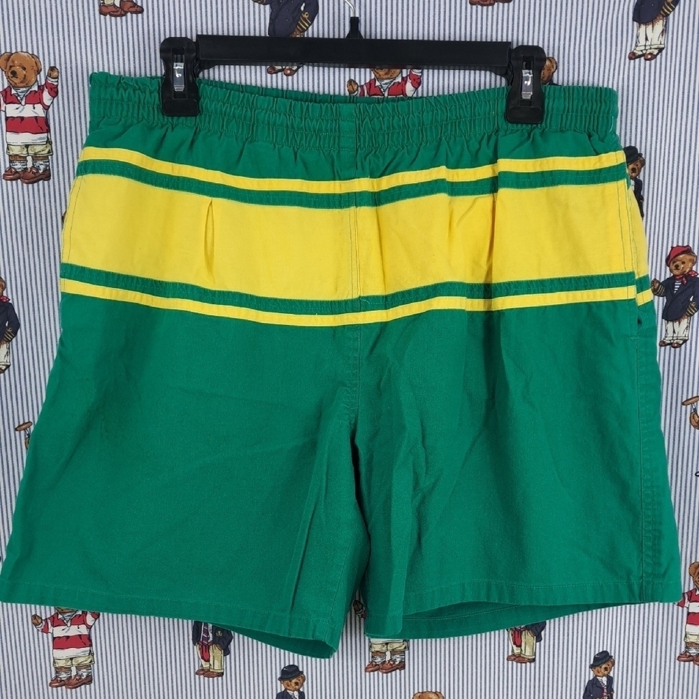 Key Elements mesh lined 2 pocket green & yellow casual swim shorts trunks LG